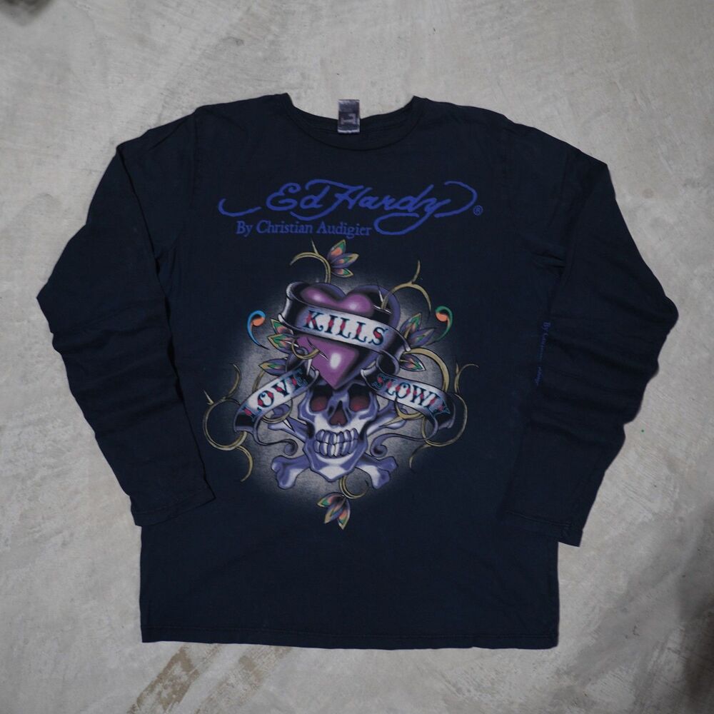 Y2K Ed Hardy Long Sleeve Tee Mens L Black Love Kills Slowly Made in USA Skull